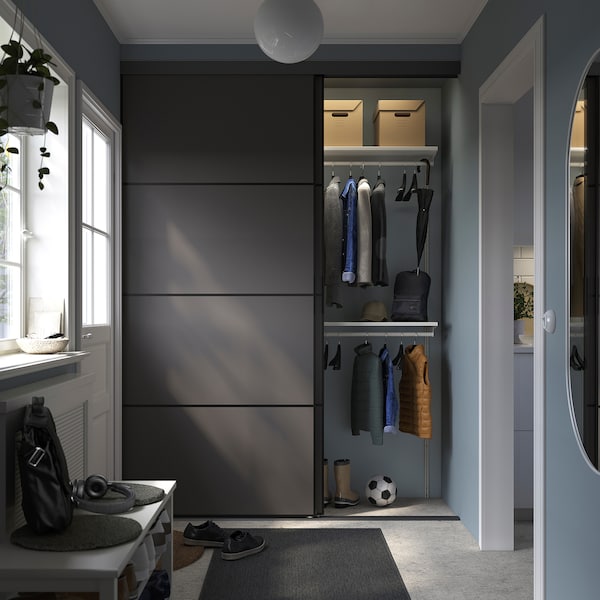 SKYTTA / BOAXEL - Reach-in wardrobe with sliding door, black double sided/Mehamn dark grey, 177x65x240 cm