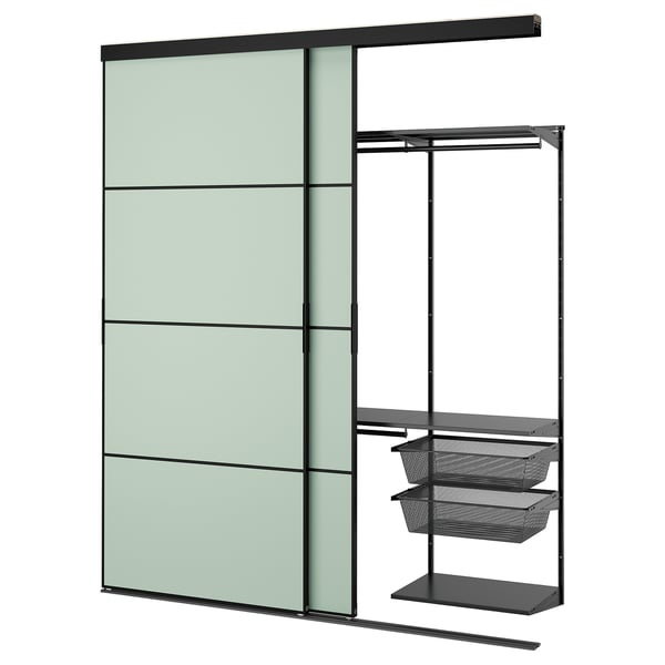 SKYTTA / BOAXEL - SKYTTA / BOAXEL Reach-in wardrobe with sliding door, black metal/Mehamn light green, 202x65x240 cm