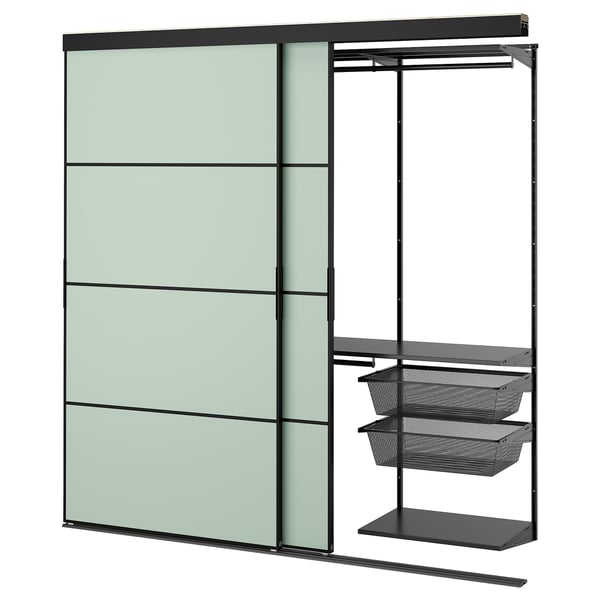 SKYTTA / BOAXEL - SKYTTA / BOAXEL Reach-in wardrobe with sliding door, black metal/Mehamn light green, 202x65x205 cm