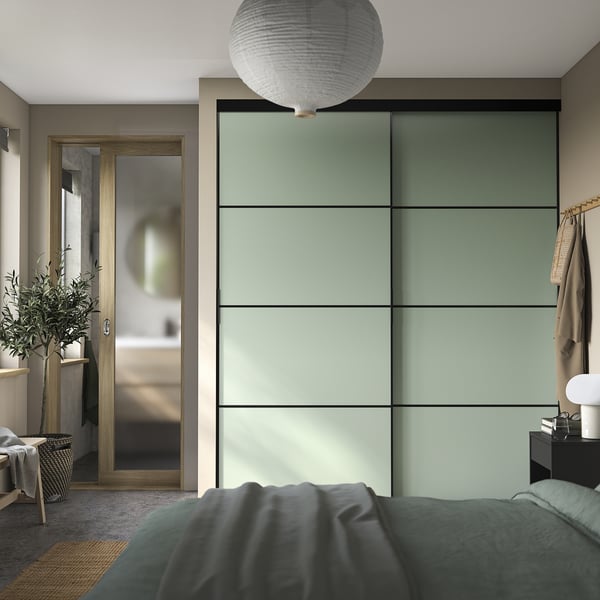 SKYTTA / BOAXEL - SKYTTA / BOAXEL Reach-in wardrobe with sliding door, black metal/Mehamn light green, 202x65x240 cm
