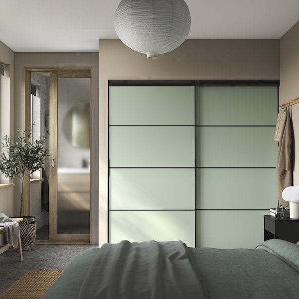 Ikea SKYTTA / BOAXEL - Reach-in wardrobe with sliding door, black metal/Mehamn light green, 202x65x205 cm