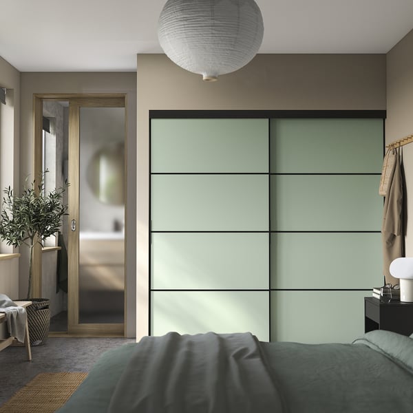 SKYTTA / BOAXEL - SKYTTA / BOAXEL Reach-in wardrobe with sliding door, black metal/Mehamn light green, 202x65x205 cm