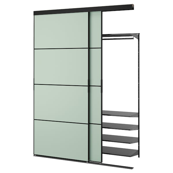 SKYTTA / BOAXEL - Reach-in wardrobe with sliding door, black metal/Mehamn light green, 177x65x240 cm