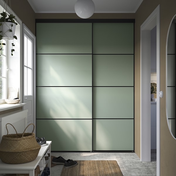 SKYTTA / BOAXEL - Reach-in wardrobe with sliding door, black metal/Mehamn light green, 177x65x240 cm