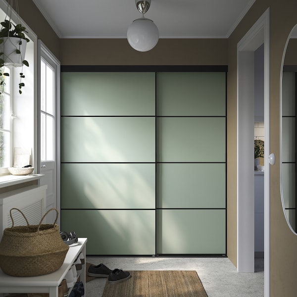 SKYTTA / BOAXEL - Reach-in wardrobe with sliding door, black metal/Mehamn light green, 177x65x205 cm