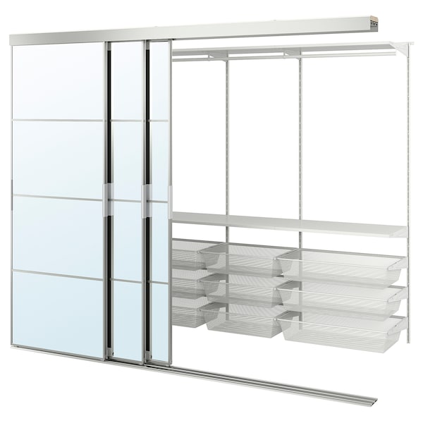 SKYTTA / BOAXEL - Walk-in wardrobe with sliding doors, aluminium/Auli mirror glass, 251x115x205 cm