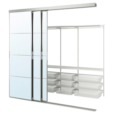 SKYTTA / BOAXEL - Walk-in wardrobe with sliding doors, aluminium/mirrored glass, 251x115x240 cm