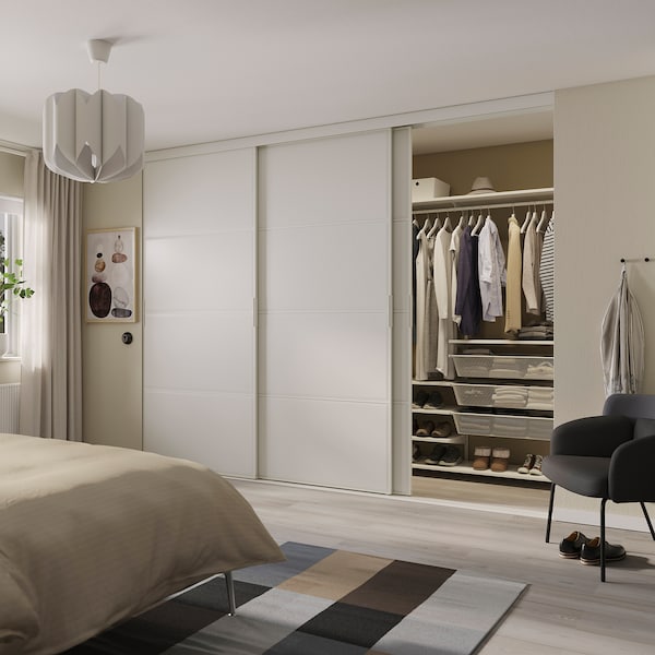 SKYTTA / BOAXEL - Walk-in wardrobe with sliding doors, white/Tjörhom white, 301x115x240 cm