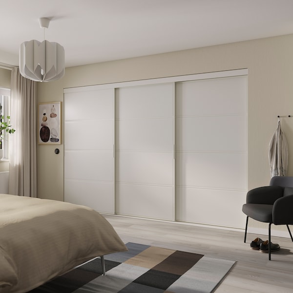 SKYTTA / BOAXEL - Walk-in wardrobe with sliding doors, white/Tjörhom white, 301x115x205 cm