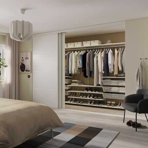 SKYTTA / BOAXEL - Walk-in wardrobe with sliding doors, white/Tjörhom white, 301x115x240 cm