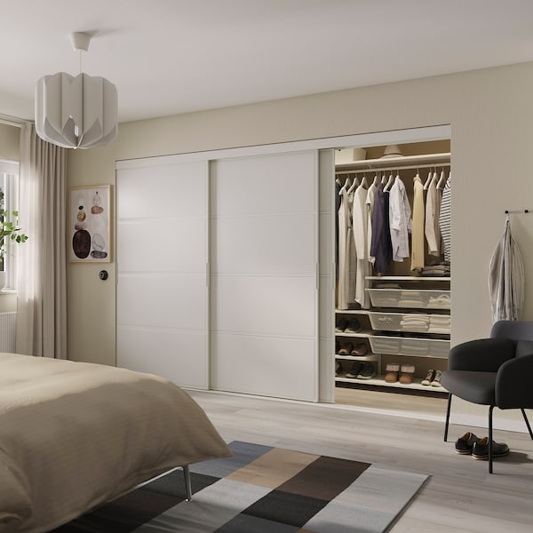 SKYTTA / BOAXEL - Walk-in wardrobe with sliding doors, white/Tjörhom white, 301x115x205 cm