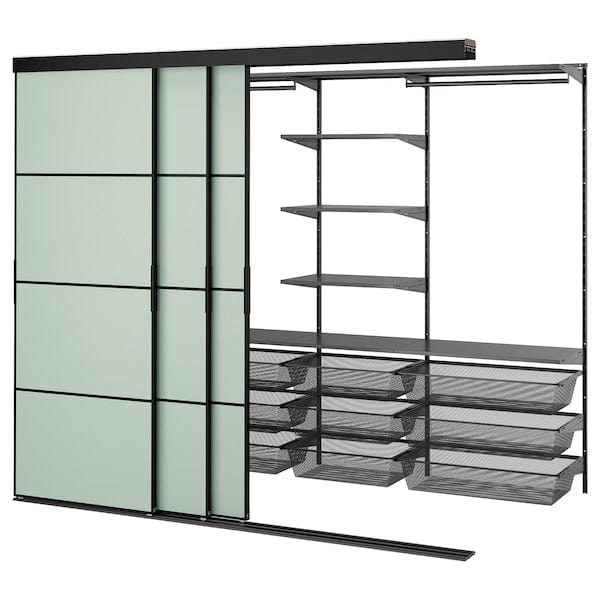 Ikea SKYTTA / BOAXEL - Walk-in wardrobe with sliding doors, black anthracite/Mehamn light green, 251x115x205 cm