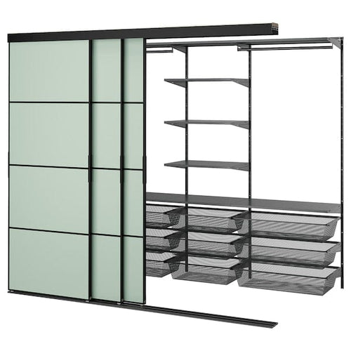 SKYTTA / BOAXEL - SKYTTA / BOAXEL Walk-in wardrobe with sliding doors, black anthracite/Mehamn light green, 251x115x205 cm