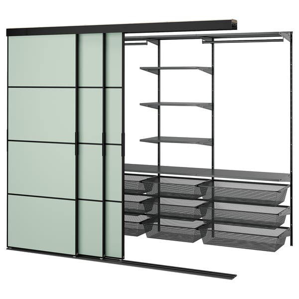SKYTTA / BOAXEL - SKYTTA / BOAXEL Walk-in wardrobe with sliding doors, black anthracite/Mehamn light green, 251x115x205 cm