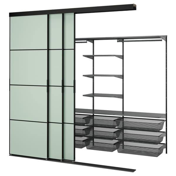 SKYTTA / BOAXEL - SKYTTA / BOAXEL Walk-in wardrobe with sliding doors, black anthracite/Mehamn light green, 251x115x240 cm