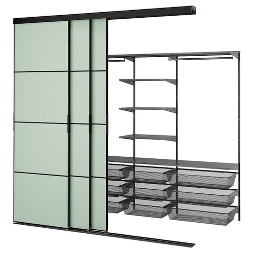 SKYTTA / BOAXEL - SKYTTA / BOAXEL Walk-in wardrobe with sliding doors, black anthracite/Mehamn light green, 251x115x240 cm