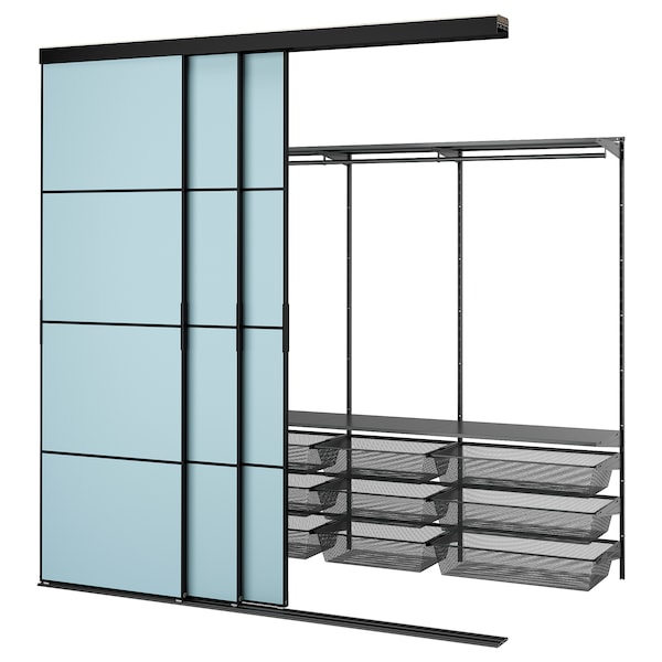 SKYTTA / BOAXEL - Walk-in wardrobe with sliding doors, black metal/Mehamn light blue, 251x115x240 cm