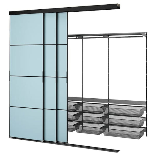 Ikea SKYTTA / BOAXEL - Walk-in wardrobe with sliding doors, black metal/Mehamn light blue, 251x115x240 cm