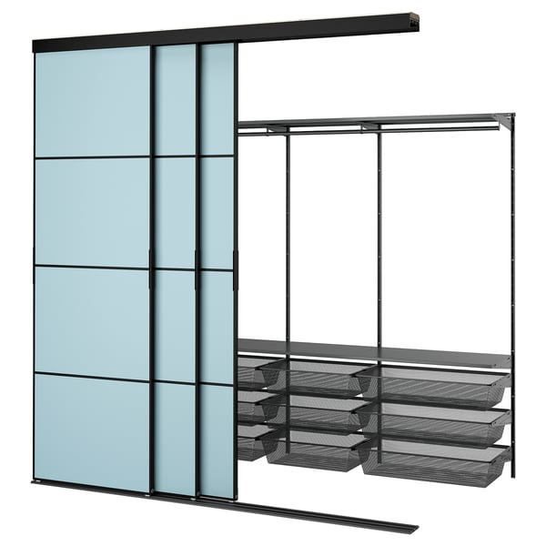 SKYTTA / BOAXEL - SKYTTA / BOAXEL Walk-in wardrobe with sliding doors, black metal/Mehamn light blue, 251x115x240 cm