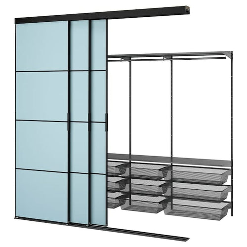 SKYTTA / BOAXEL - SKYTTA / BOAXEL Walk-in wardrobe with sliding doors, black metal/Mehamn light blue, 251x115x240 cm