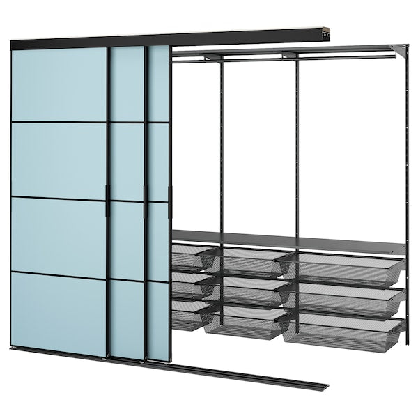 SKYTTA / BOAXEL - Walk-in wardrobe with sliding doors, black metal/Mehamn light blue, 251x115x205 cm