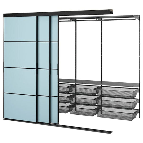 SKYTTA / BOAXEL - SKYTTA / BOAXEL Walk-in wardrobe with sliding doors, black metal/Mehamn light blue, 251x115x205 cm