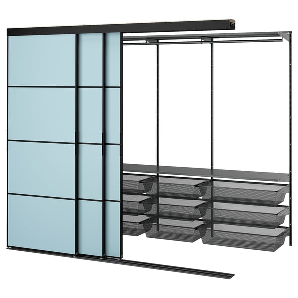 SKYTTA / BOAXEL - SKYTTA / BOAXEL Walk-in wardrobe with sliding doors, black metal/Mehamn light blue, 251x115x205 cm