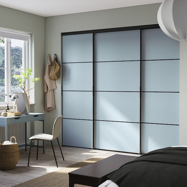 SKYTTA / BOAXEL - Walk-in wardrobe with sliding doors, black metal/Mehamn light blue, 251x115x240 cm