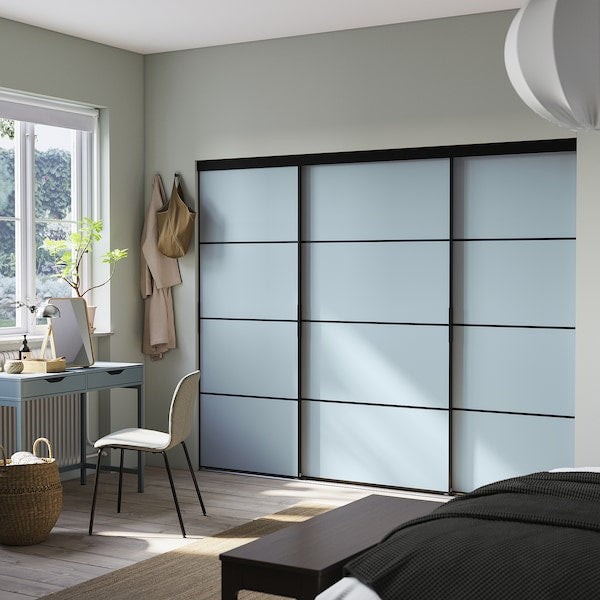 SKYTTA / BOAXEL - Walk-in wardrobe with sliding doors, black metal/Mehamn light blue, 251x115x205 cm