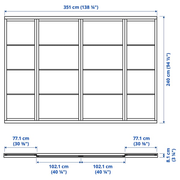 SKYTTA / FÄRVIK sliding door combination, white/white glass, 351x240 cm
