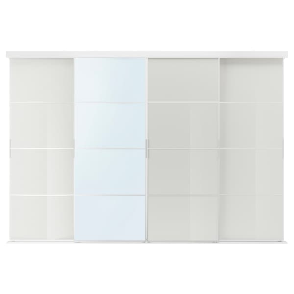 SKYTTA / HOKKSUND/AULI - Sliding door combination, aluminium/high-gloss light grey mirror glass, 301x205 cm