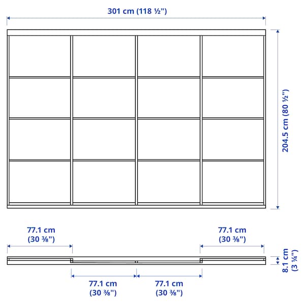 SKYTTA / HOKKSUND/AULI - Sliding door combination, aluminium/high-gloss light grey mirror glass, 301x205 cm