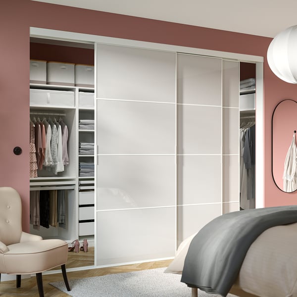 SKYTTA / HOKKSUND - SKYTTA / HOKKSUND Sliding door combination, white/high-gloss light grey, 301x240 cm