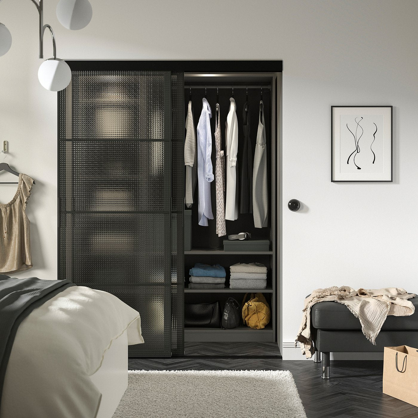 SKYTTA / LUNDBRÄSMA sliding door combination, black/checkered glass, 152x205 cm