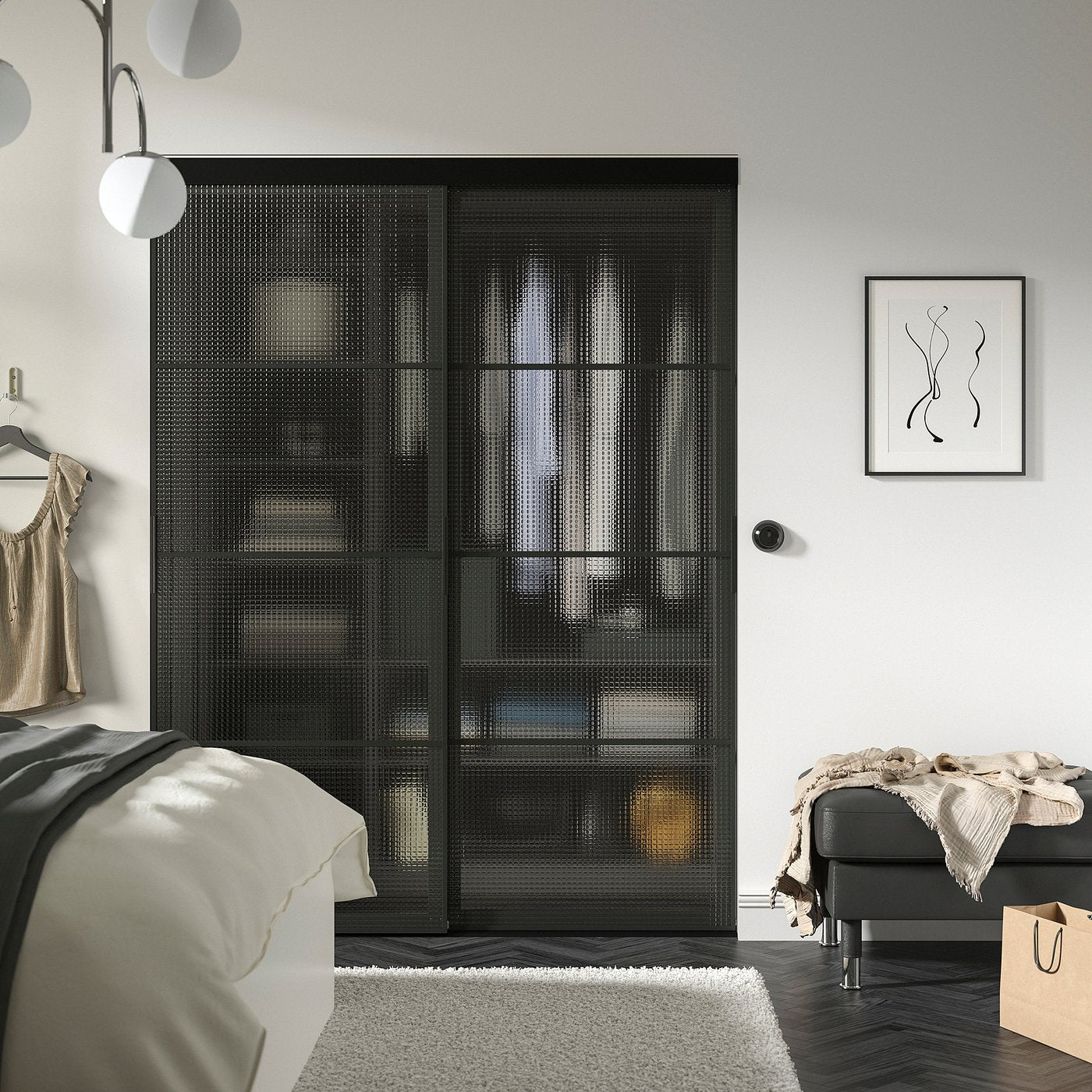 SKYTTA / LUNDBRÄSMA sliding door combination, black/checkered glass, 152x205 cm