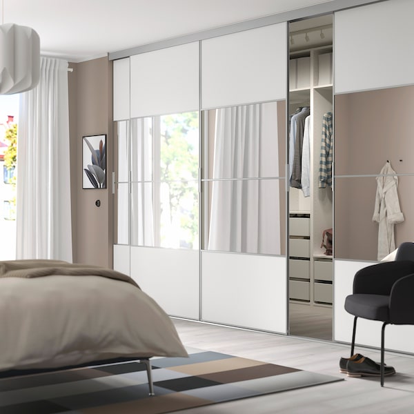 SKYTTA / MEHAMN/AULI - Sliding door combination, aluminium/white mirror glass, 351x240 cm