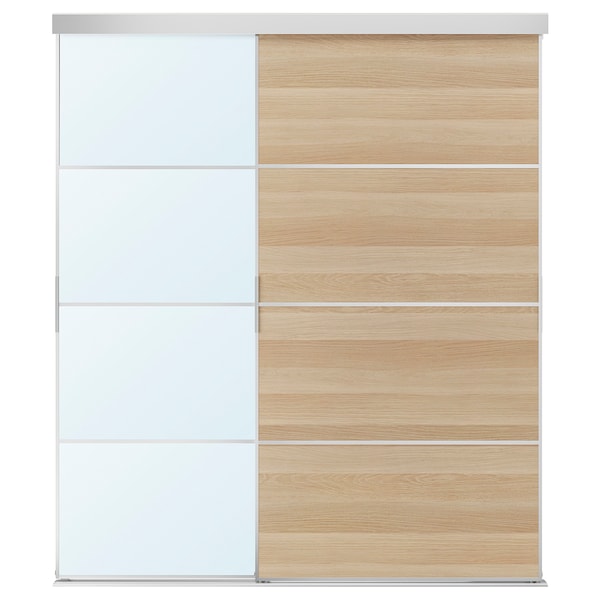 SKYTTA / MEHAMN/AULI - Sliding door combination, aluminium double sided/white stained oak effect mirror glass, 177x205 cm