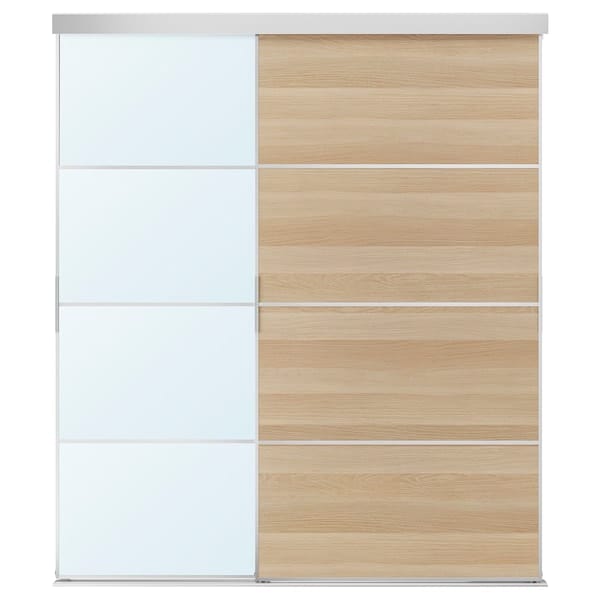 Ikea SKYTTA / MEHAMN/AULI - Sliding door combination, aluminium double sided/white stained oak effect mirror glass, 177x205 cm