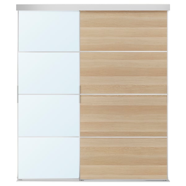 SKYTTA / MEHAMN/AULI sliding door combination, aluminium double sided/white stained oak effect mirror glass, 177x205 cm