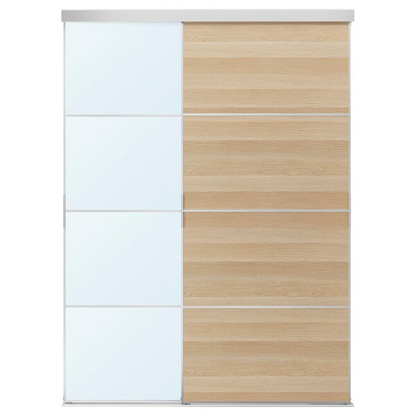 SKYTTA / MEHAMN/AULI - Sliding door combination, double-sided aluminium/ oak effect with white mirror glass, 177x240 cm