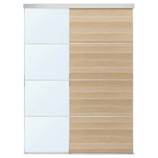 Ikea SKYTTA / MEHAMN/AULI - Sliding door combination, aluminium double sided/white stained oak effect mirror glass, 177x240 cm