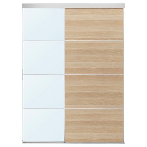 SKYTTA / MEHAMN/AULI sliding door combination, aluminium double sided/white stained oak effect mirror glass, 177x240 cm