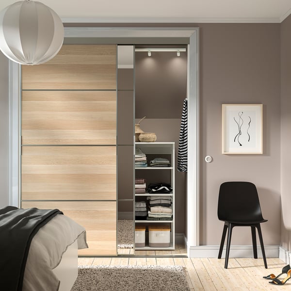 SKYTTA / MEHAMN/AULI sliding door combination, aluminium double sided/white stained oak effect mirror glass, 177x240 cm