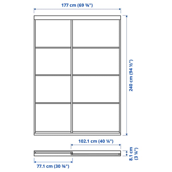SKYTTA / MEHAMN/AULI sliding door combination, aluminium double sided/white stained oak effect mirror glass, 177x240 cm