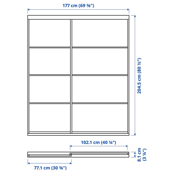 SKYTTA / MEHAMN/AULI sliding door combination, aluminium double sided/white stained oak effect mirror glass, 177x205 cm