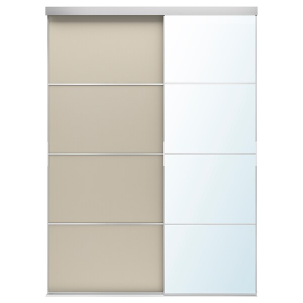 SKYTTA / MEHAMN/AULI - Sliding door combination, aluminium double sided/grey-beige mirror glass, 177x240 cm