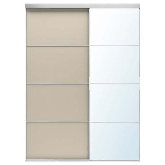 SKYTTA / MEHAMN/AULI - Sliding door combination, aluminium double sided/grey-beige mirror glass, 177x240 cm