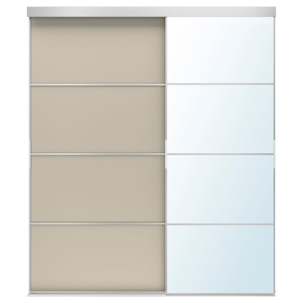 SKYTTA / MEHAMN/AULI sliding door combination, aluminium double sided/grey-beige mirror glass, 177x205 cm