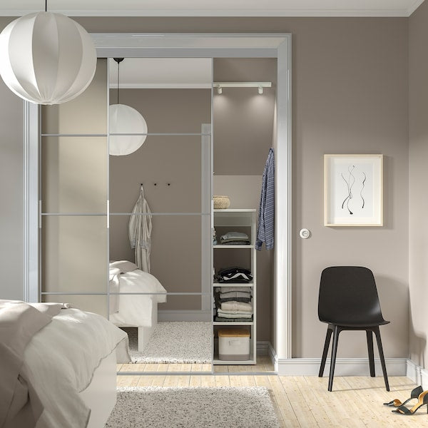 SKYTTA / MEHAMN/AULI - Sliding door combination, aluminium double sided/grey-beige mirror glass, 177x240 cm