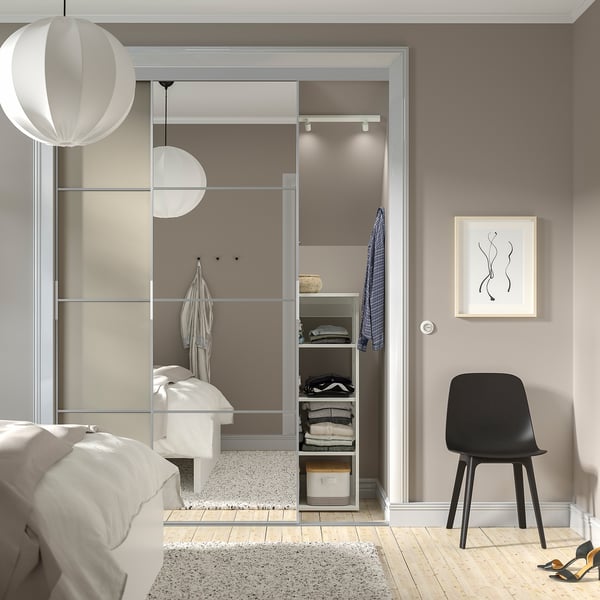 SKYTTA / MEHAMN/AULI sliding door combination, aluminium double sided/grey-beige mirror glass, 177x240 cm